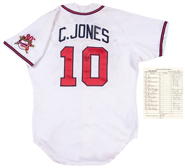 1995 Chipper Jones Rookie Season Game Used, Signed & Inscribed Atlanta Braves #10 Home Jersey - World Series Championship Season! With 95 Season Line-Up Card (MEARS A9, Sports Investors & Beckett)